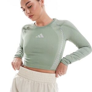 Adidas Training seamless long sleeve crop top in silver green
